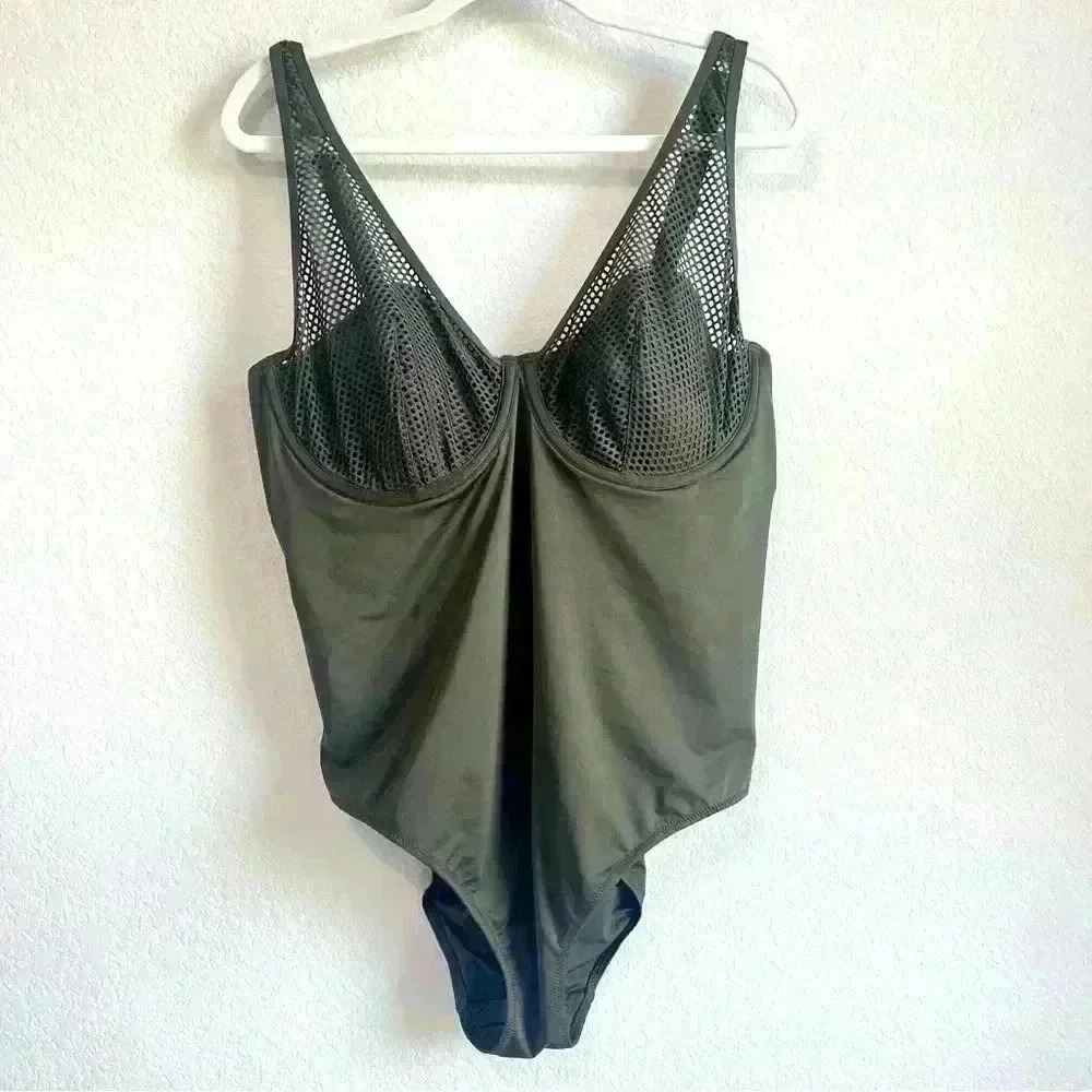 City Chic Women’s‎ Olive Green Ithaca Mesh V Neck One Piece Swimsuit Size L